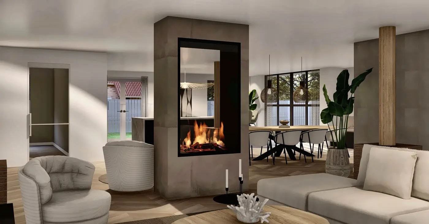 Double-sided fireplace between sitting and dining areas