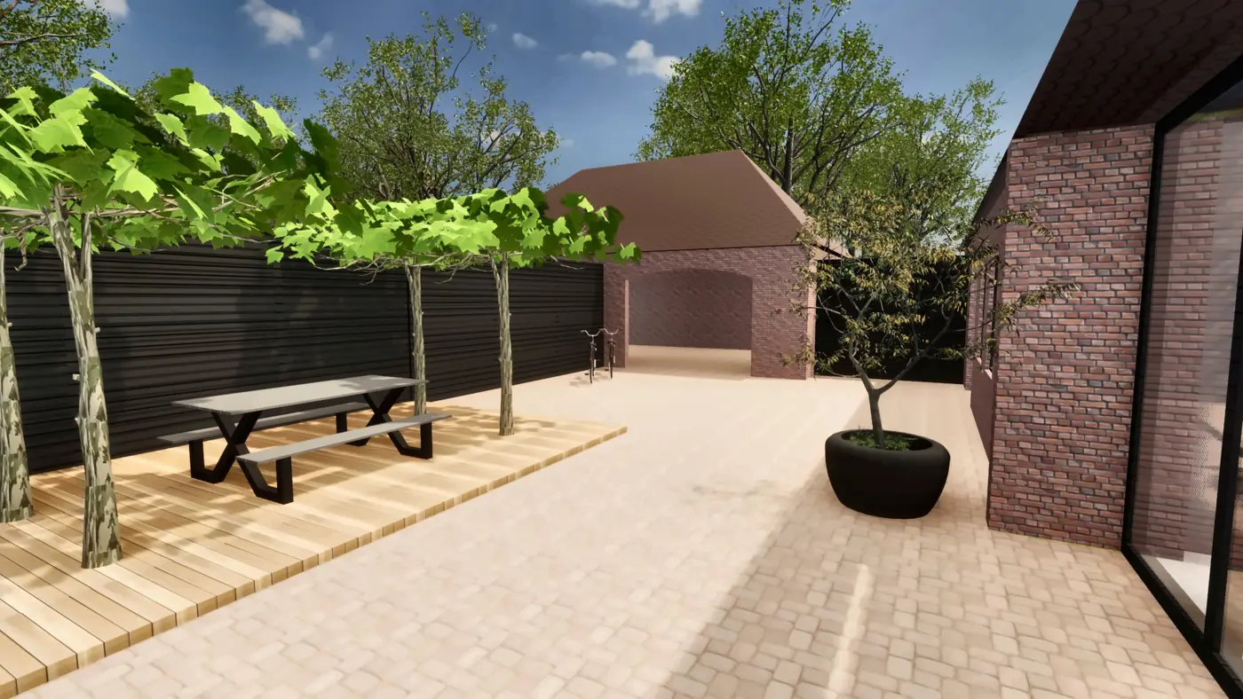 Garden idea · farmyard with roof-trained plane trees and picnic spot