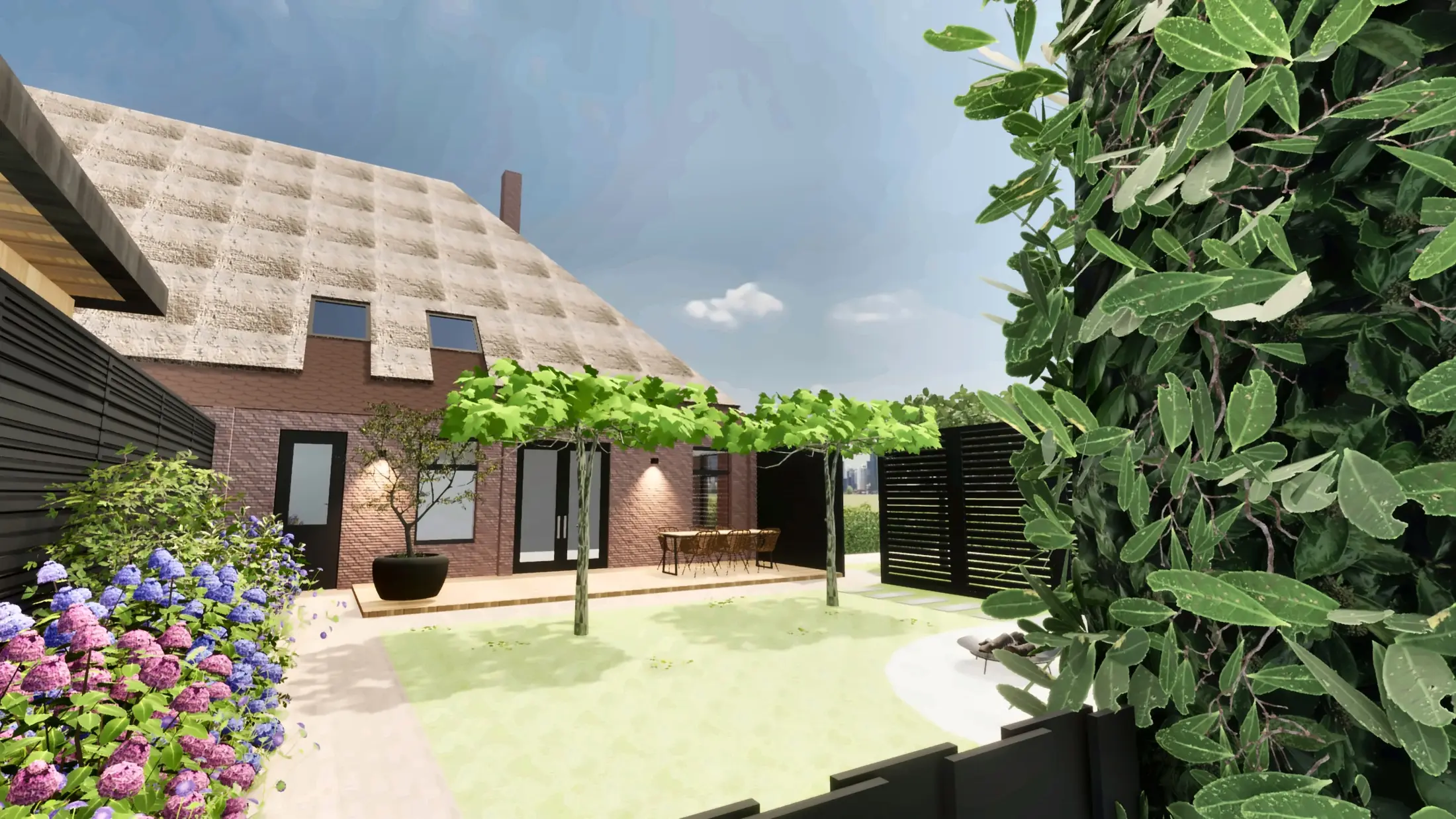 Garden idea · timber-deck terrace along the façade