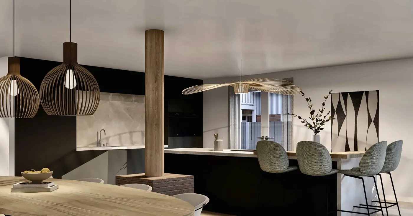 Kitchen-diner with cooking island and a tall wall of cabinets with built-in appliances