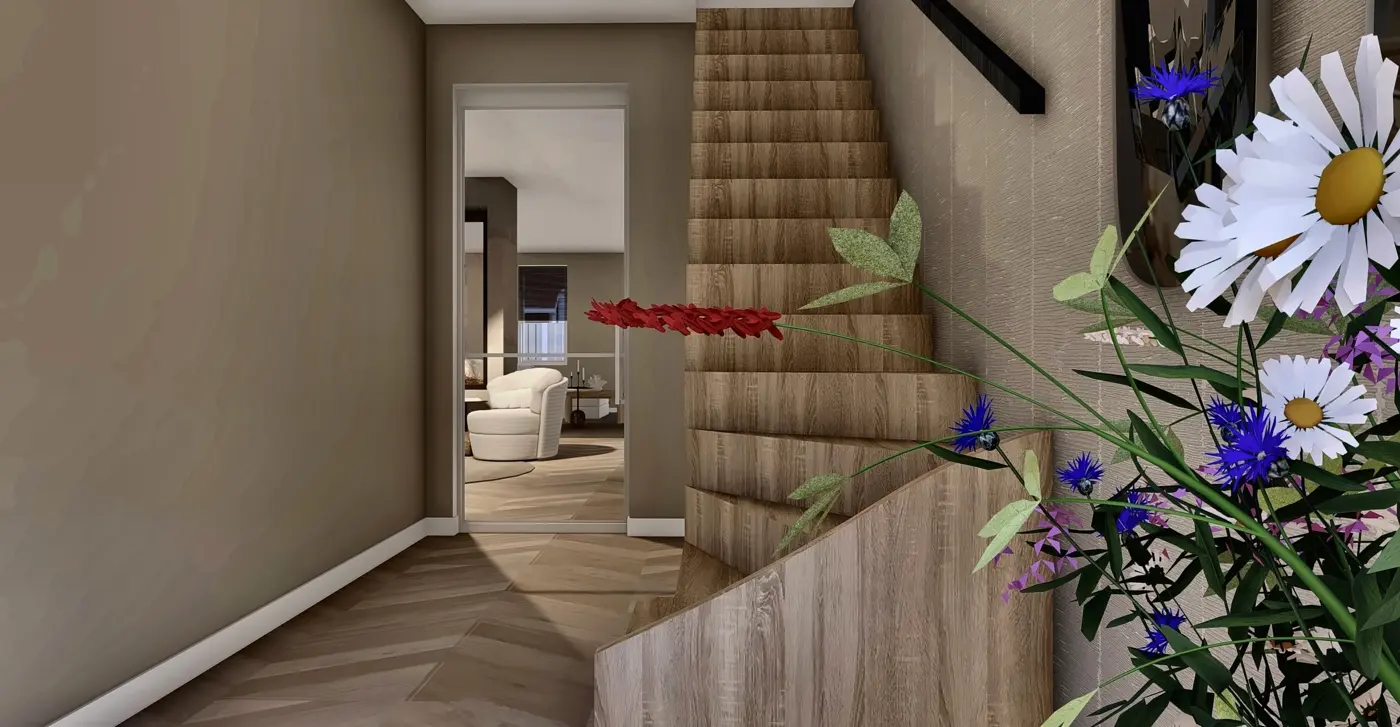 The hall with storage room and the stairs to the first floor