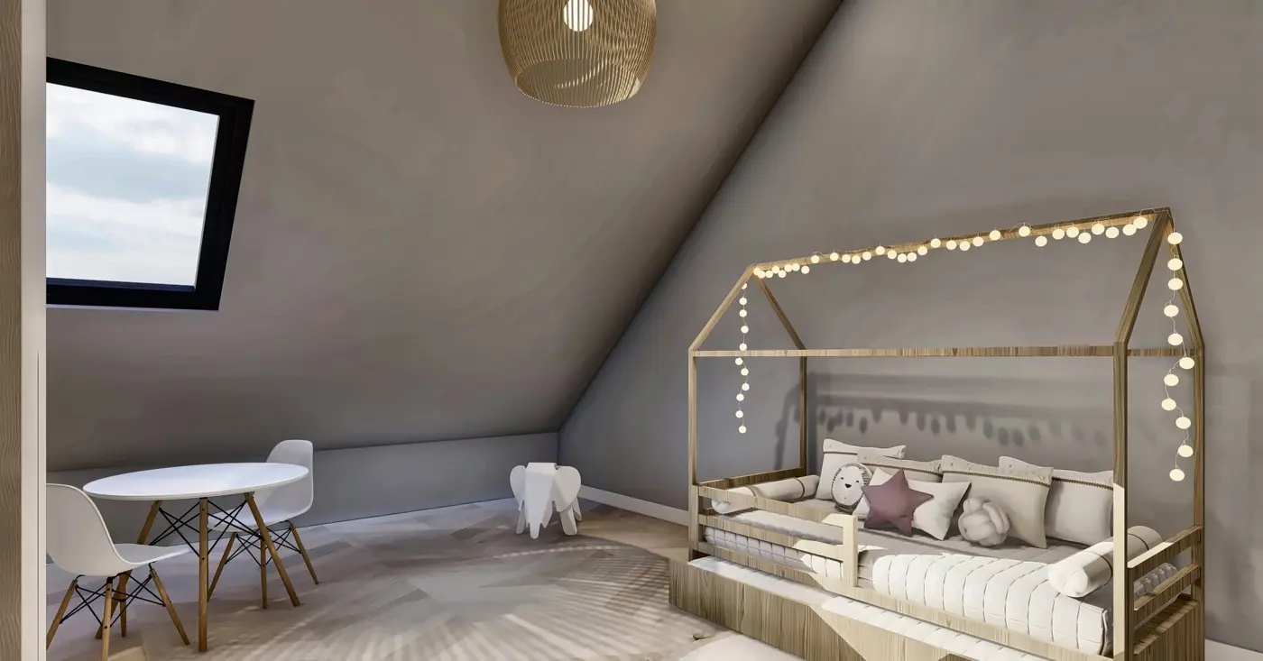 Bedroom under the roof, for example as a children's room or guest room