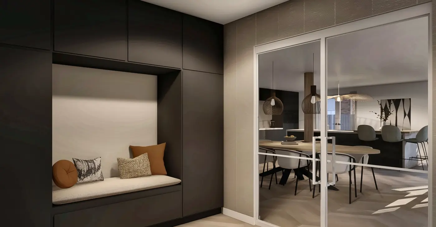 Seating alcove with bespoke cabinets and glass doors
