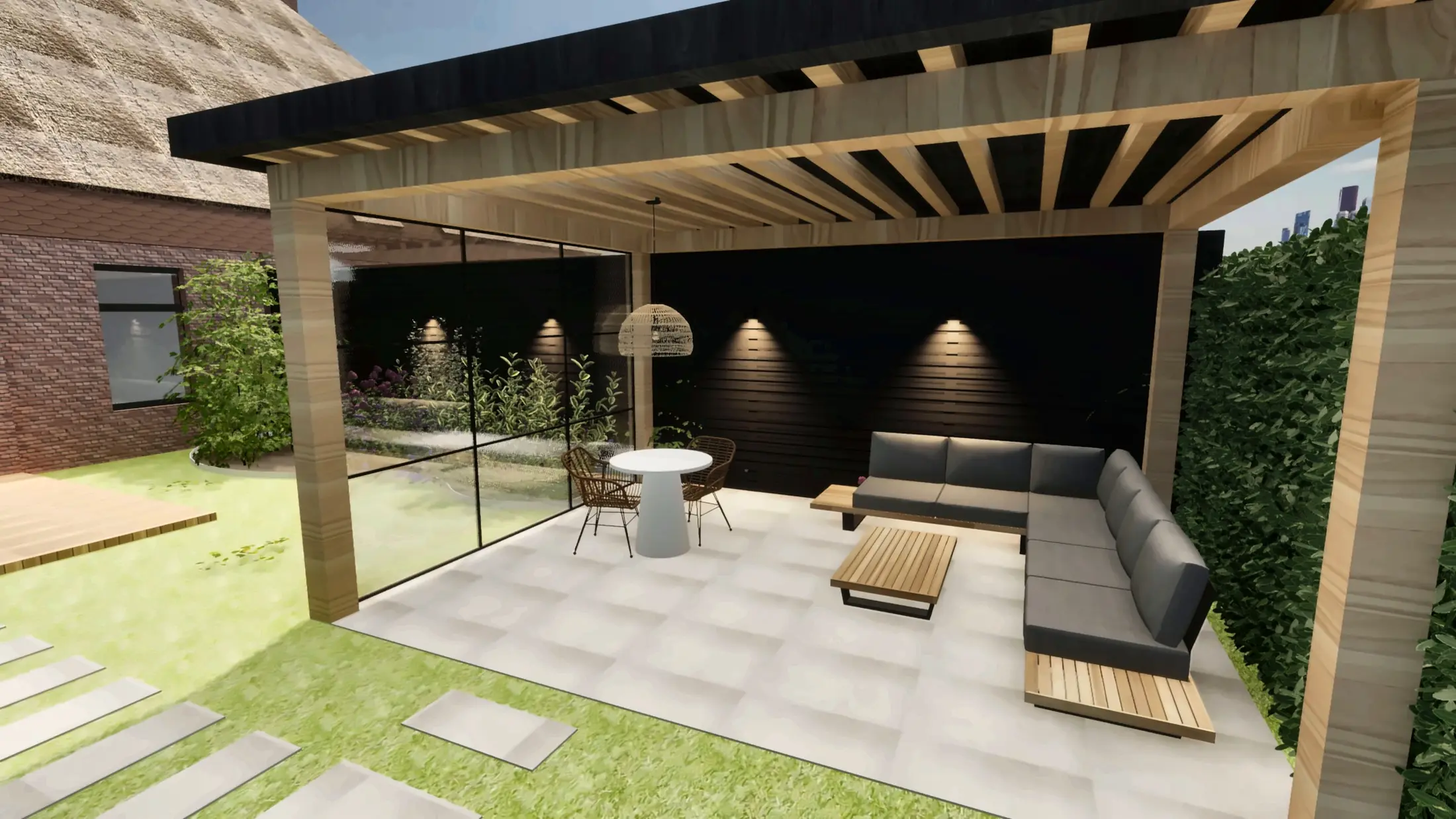 Garden idea · garden room with covered lounge area