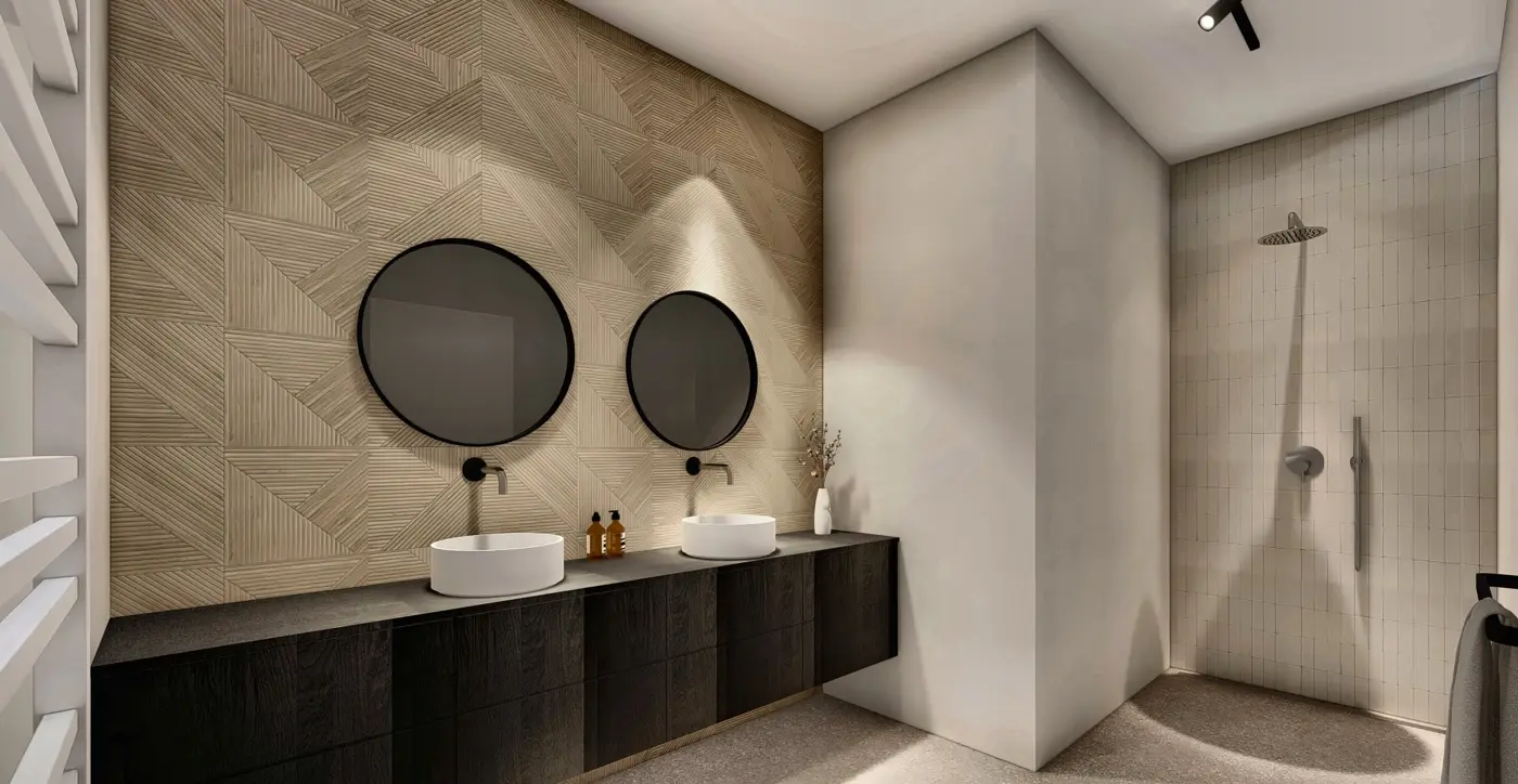 Bathroom with double washbasin, walk-in shower and bath