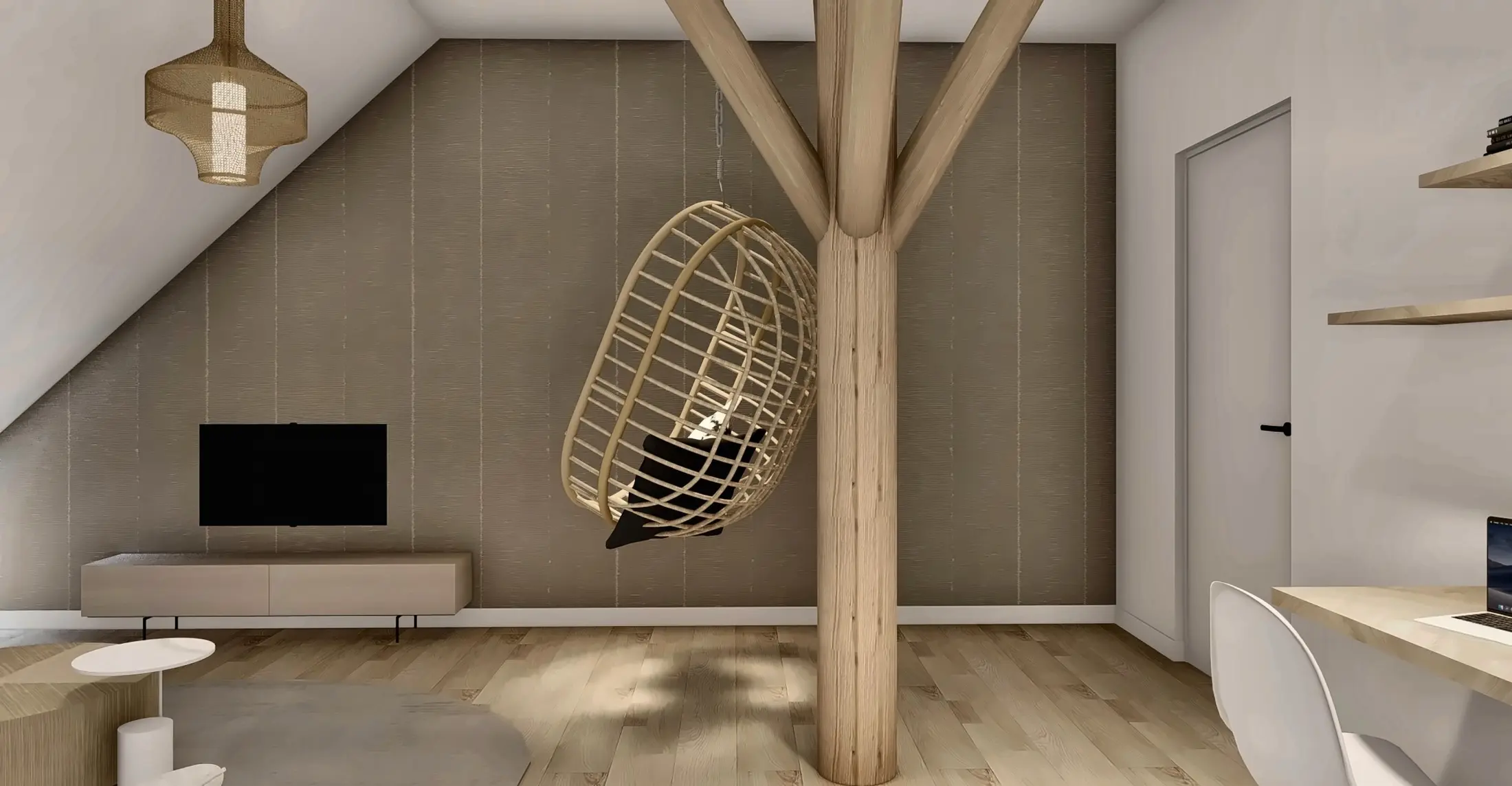 First-floor bedroom: hanging chair and TV corner by the king post