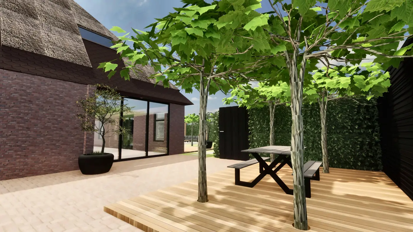 Garden idea · farmyard with roof-trained plane trees