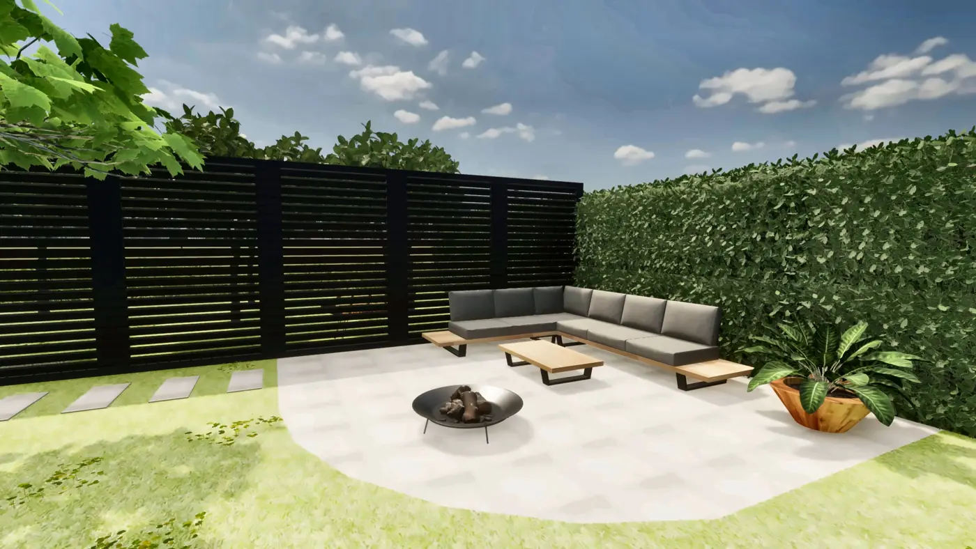 Garden idea · lounge corner with fire bowl in the evening sun